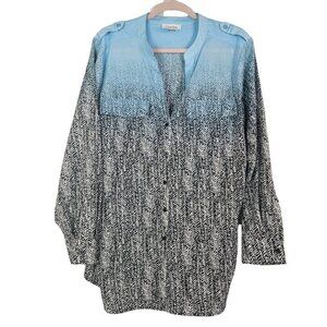 Calvin Klein Abstract Ombre Print Military Style Split V Neck Button Front Top